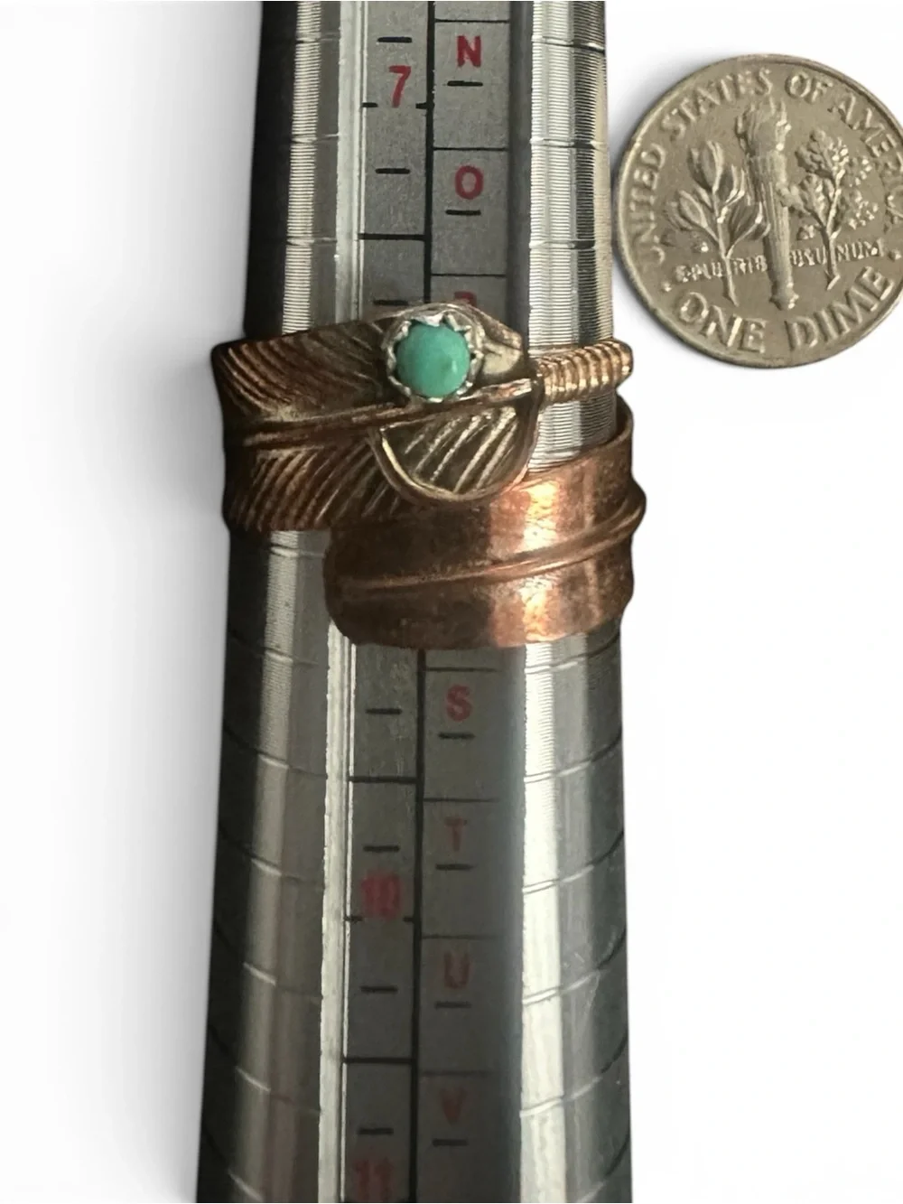 Vintage Copper Feather Ring with Turquoise Stone Size 8-9